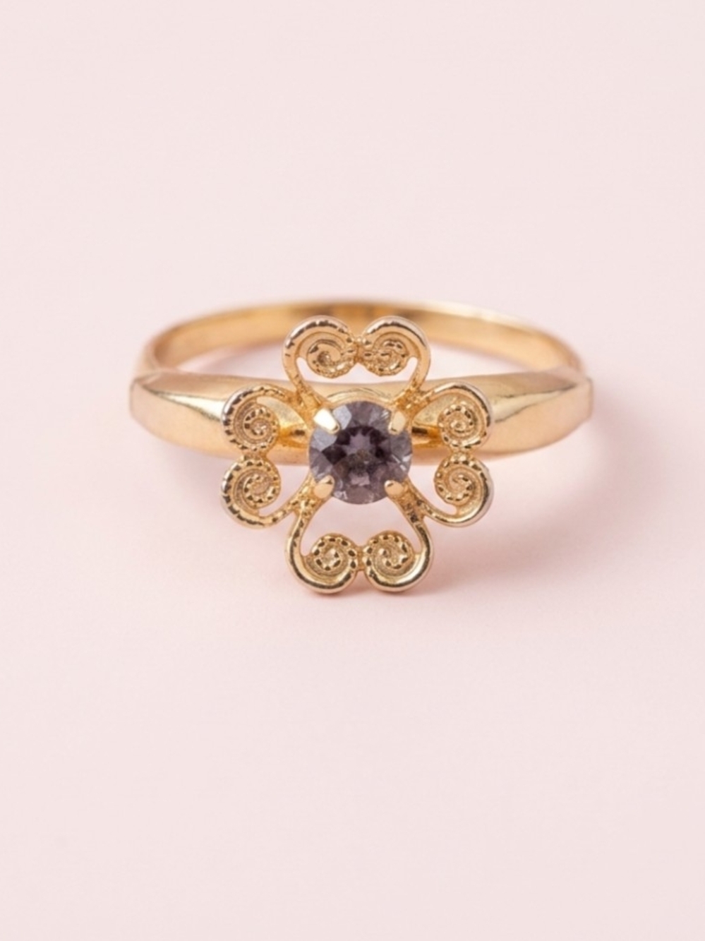 Vintage Gold Flower Ring with Purple Stone